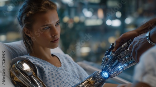 High-tech clinic with patients testing bionic limbs under holographic guidance, robotic assistants adjusting implants, symbolizing cybernetic enhancements, futuristic medical technology, and