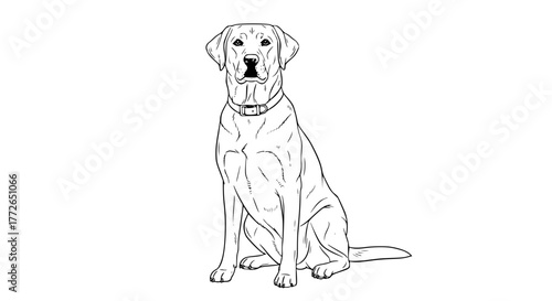 Vector illustration of a sitting Labrador retriever, detailed outlines, clean black and white style