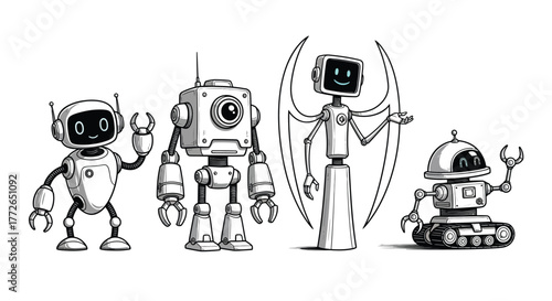 Diverse hand drawn robots collection representing future technology and artificial intelligence art vector