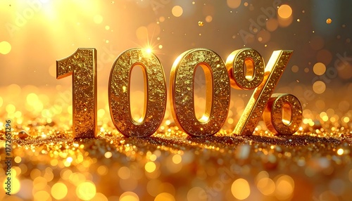 Golden '100%' symbol on a bed of sparkles, shimmering in bright, warm lighting with a soft focus background