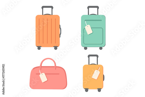 Assortment of colorful travel bags and rolling suitcases with handles and blank identification tags