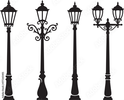 Collection of street lamp post silhouette vector, vintage street lamp post silhouette, retro decorative lantern posts, street lamp silhouette isolate on white background