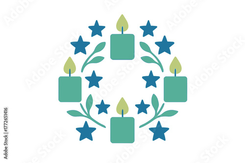 Festive holiday decoration featuring four lighted candles, blue stars, and green leaves