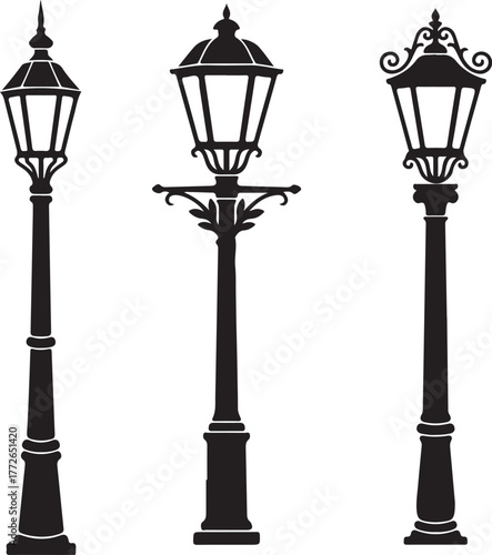 Collection of street lamp post silhouette vector, vintage street lamp post silhouette, retro decorative lantern posts, street lamp silhouette isolate on white background