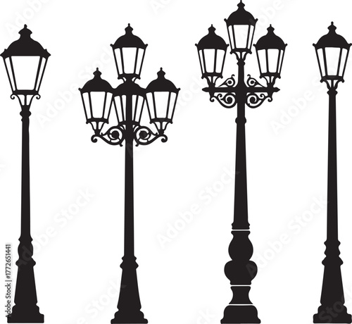 Collection of street lamp post silhouette vector, vintage street lamp post silhouette, retro decorative lantern posts, street lamp silhouette isolate on white background