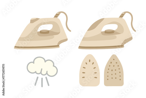 Household electric steam irons, soleplates, and steam cloud symbol graphic set