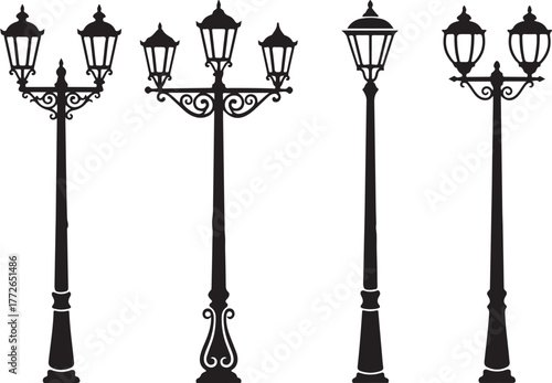 Collection of street lamp post silhouette vector, vintage street lamp post silhouette, retro decorative lantern posts, street lamp silhouette isolate on white background
