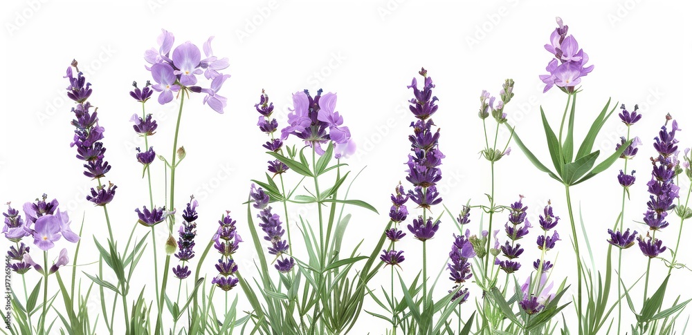 Obraz premium Lavender and Dame's Rocket Flowers Blooming in Springtime Garden Isolated on White Background Close Up Studio Shot