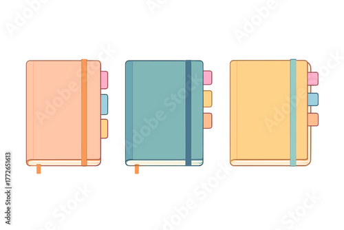 Three colorful closed journals with elastic bands and index tabs standing upright on a white background