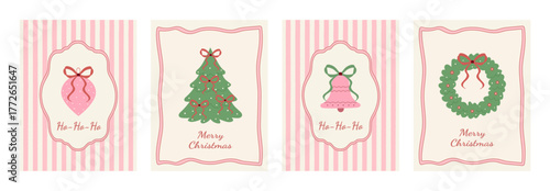 Merry Christmas card set with a pink striped background, a hand-drawn tree, a pink bell, a toy, snowflakes, red bows, and a green wreath. Vintage-style vector set for festive posters, covers, banners.