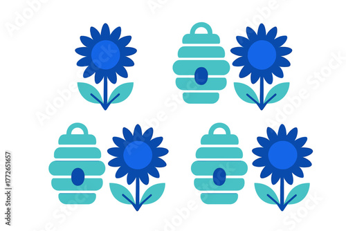 Stylized blue flowers and turquoise beehives arranged in a seamless repeating design on white