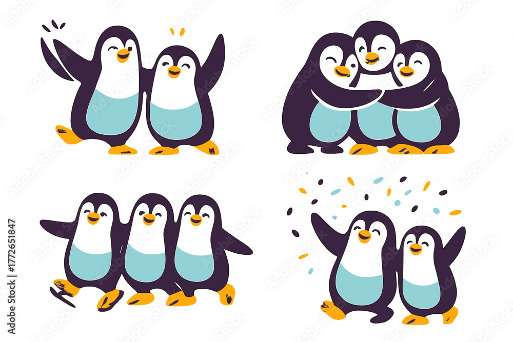 Obraz premium Cute cartoon penguins celebrating friendship and togetherness in four different poses