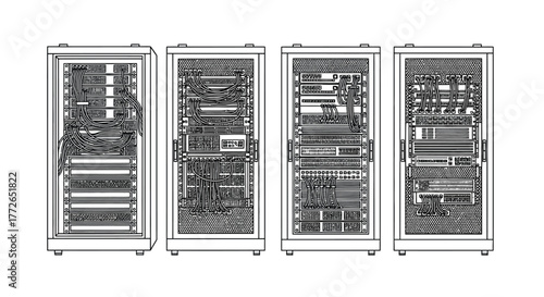 Four tall server racks in a data center row detailed technical outline vector