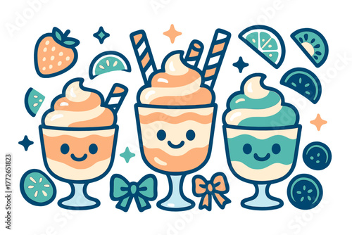 Cute cartoon dessert cups with whipped cream, fruit slices, and wafer sticks in a sweet style