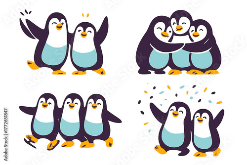 Cute cartoon penguins celebrating friendship and togetherness in four different poses