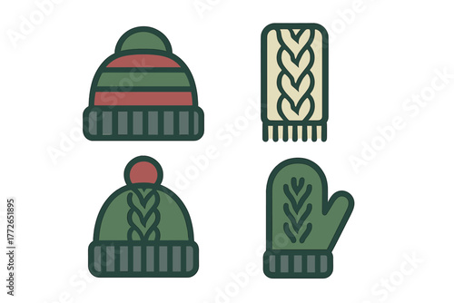 Knitted winter accessories collection featuring beanies, scarf, and mitten