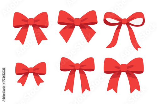 Six decorative red ribbon bows for Christmas, birthday gifts, and holiday packaging design