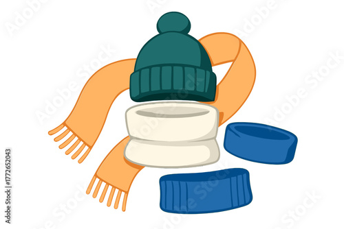 Green knit hat, orange scarf, and blue neck warmers for cold weather apparel
