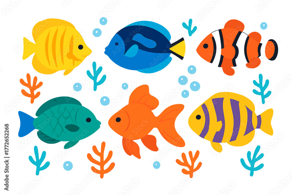 Fototapeta premium Colorful collection of six tropical fish swimming underwater with coral and bubbles in a cute style