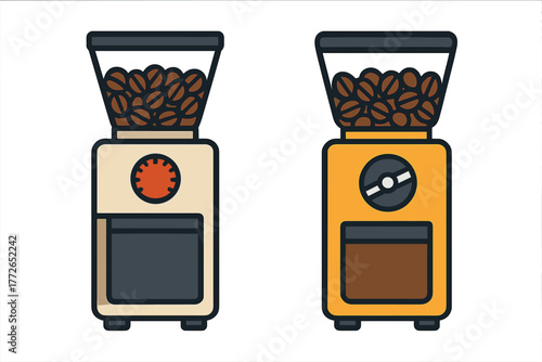 Set of modern electric coffee grinders filled with whole roasted beans for brewing
