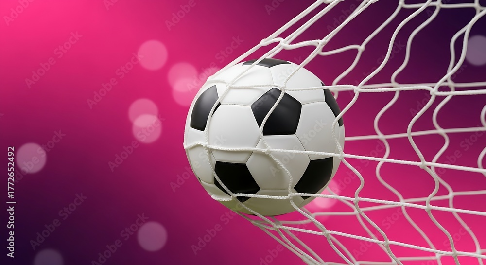 Naklejka premium Soccer victory image showing the ball entering the goal, emphasized by colorful stadium lights and motion
