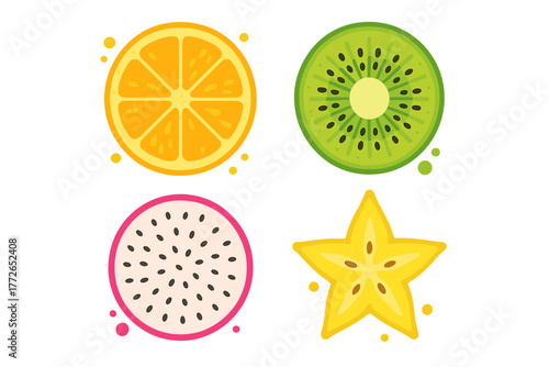 Colorful cross sections of tropical fruits including orange, kiwi, dragon fruit, and star fruit isolated on white