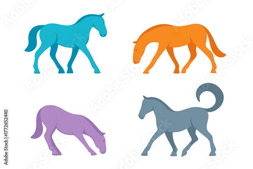 Collection of four stylized horses in various bright colors and dynamic poses