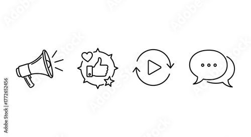 Hand drawn social media icons megaphone like play button chat bubble set vector