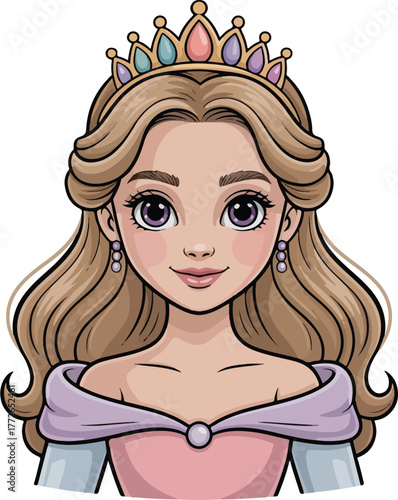 Cartoon princess with blonde hair wearing a crown and pink dress girl