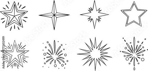Hand drawn set of stars sparkles and fireworks doodle elements.