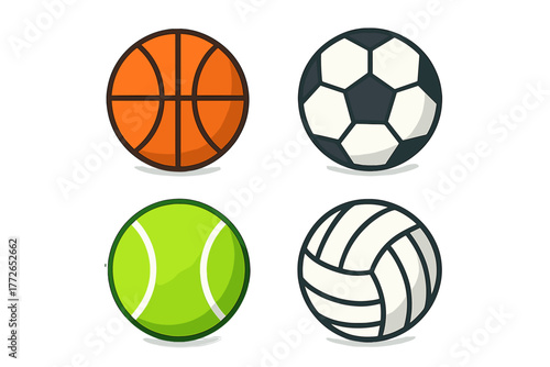 Collection of four popular sports balls basketball soccer tennis and volleyball