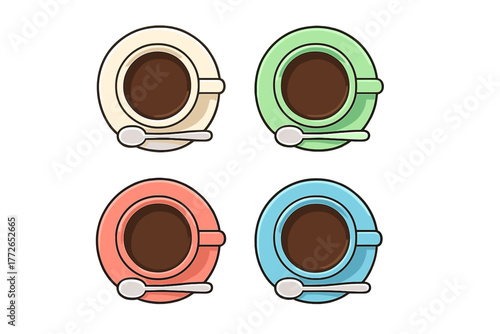 Four colorful coffee mugs with saucers and spoons arranged in a flat lay