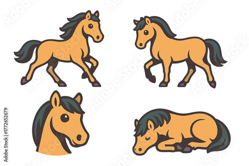 Stylized horses set showing various actions like running standing and resting