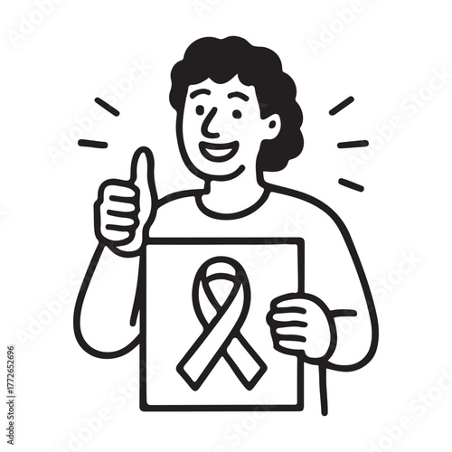 Empowered advocate gives thumbs up, holding awareness ribbon sign for a cause, showing support and hope for a brighter future, vector illustration