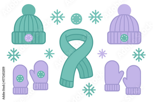 Warm winter accessories set including knitted beanies, scarf, and mittens with falling snowflakes