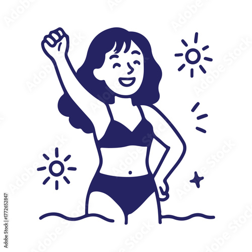 Confident woman celebrating summer fun at the beach with a triumphant pose and a bright smile, showcasing joy and carefree vacation vibes with modern style