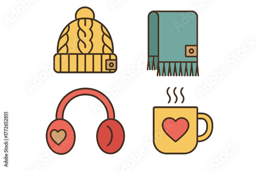 Warm winter accessories and steaming hot chocolate mug with a heart symbol