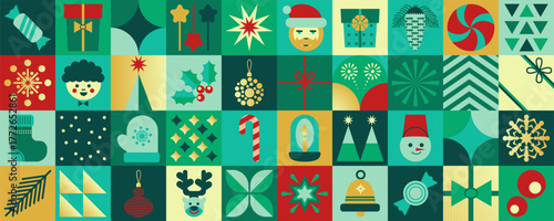 Christmas geometric seamless pattern with icons ,elements for holiday background, wallpaper, wrapping paper. Snowman, gifts, tree, deer. Modern trendy abstract print. Red, green, gradient gold color