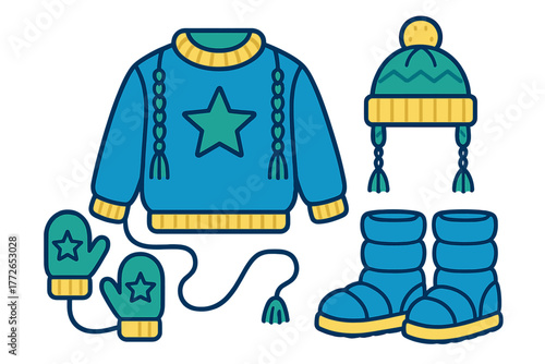 Collection of warm winter apparel including sweater, knit hat, mittens, and snow boots