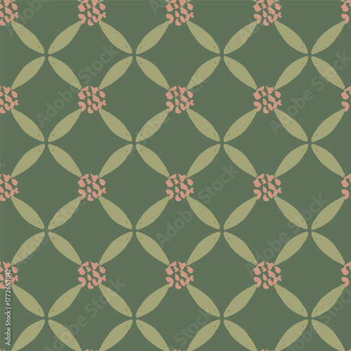 Simple flowers and leaves forming a lattice floral minimal pattern in colors of cream and sage green on olive green. Geometric seamless vector pattern. Great for home decor, fabric, wallpaper, gifts.