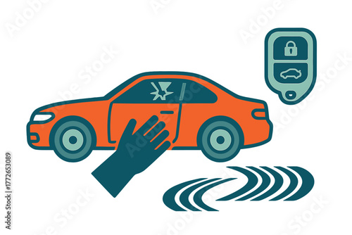 Hand reaching into car through shattered window during break-in attempt