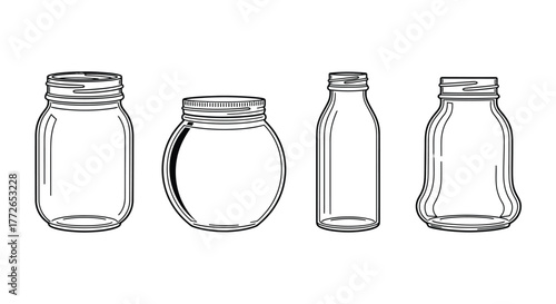 Hand drawn sketch collection of glass jars and bottles for storage and preserving vector