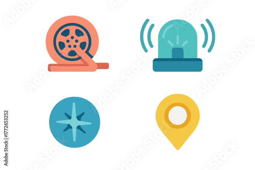 Movie film reel, emergency flashing light, navigation compass, and map location marker icons