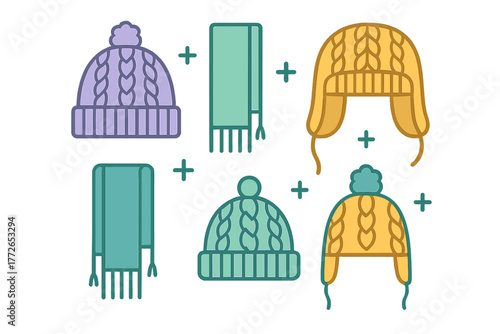 Cozy winter apparel featuring cable knit hats, pom poms, and long scarves