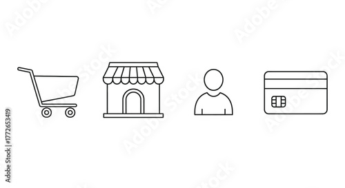 Shopping cart storefront person and credit card icons representing e-commerce and online business vector