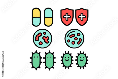 Icon set of medical health and immunity symbols including capsules shields and germs