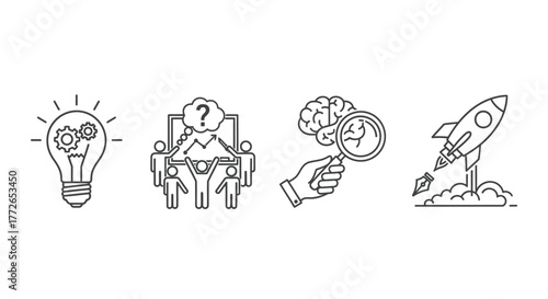 Creative startup icons featuring light bulb brain meeting rocket and magnifying glass vector