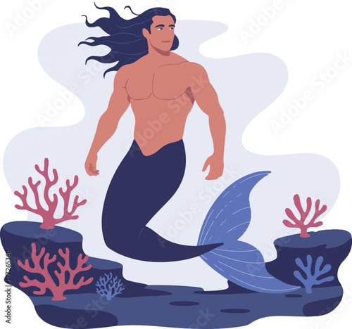Fantasy merman vector graphic with flowing dark hair and a strong physique in an aquatic setting