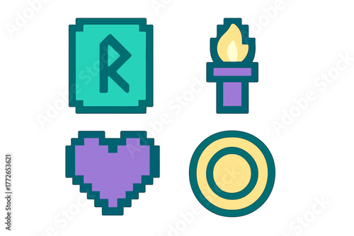 Pixelated fantasy game interface icons set including heart, burning torch, magic rune, and gold coin
