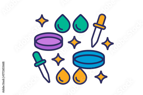 Abstract science composition with laboratory tools petri dishes pipettes and liquid drops